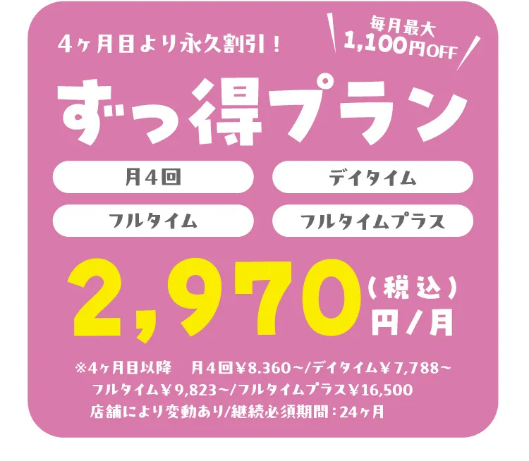 ４ヶ月目より永久割引！ずっ得プラン 毎月最大1,100円OFF（月4回）（デイタイム）（フルタイム）（フルタイムプラス）2,970円/月（税込）※4ヶ月目以降　月４回￥8.360〜/デイタイム￥７,７88〜 フルタイム￥９,823～/フルタイムプラス￥16,500 店舗により変動あり/継続必須期間：24ヶ月