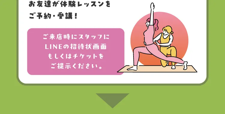 お友達が体験レッスンをご予約・受講！ご来店時にスタッフにLINEの招待状画面もしくはチケットをご提示ください。