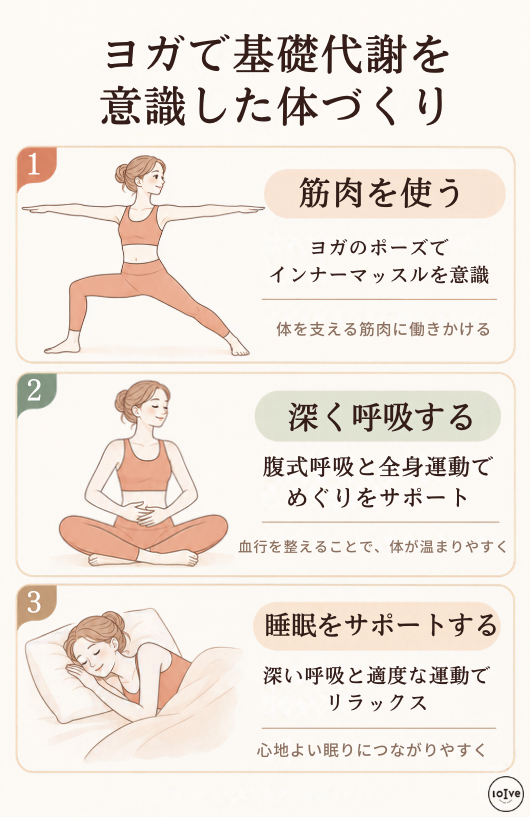 筋肉を使ったり、深く呼吸したり、睡眠をサポートしたり、ヨガが基礎代謝アップに良いと言われる理由を解説