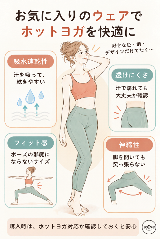 吸水速乾性、透けにくさ、フィット感、伸縮性などホットヨガウェアを選ぶポイントを解説