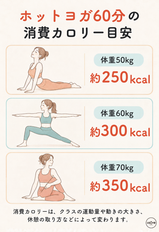 体重別のホットヨガ60分の消費カロリー目安を解説した図解。