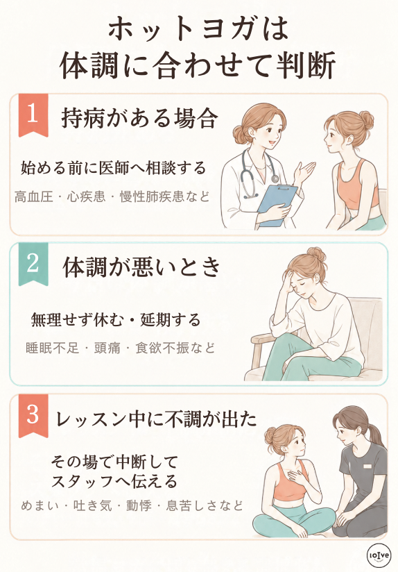 ホットヨガをやめたほうがいい、は本当か、持病がある場合・体調が悪いとき・途中で不調が出たとき別の判断を解説