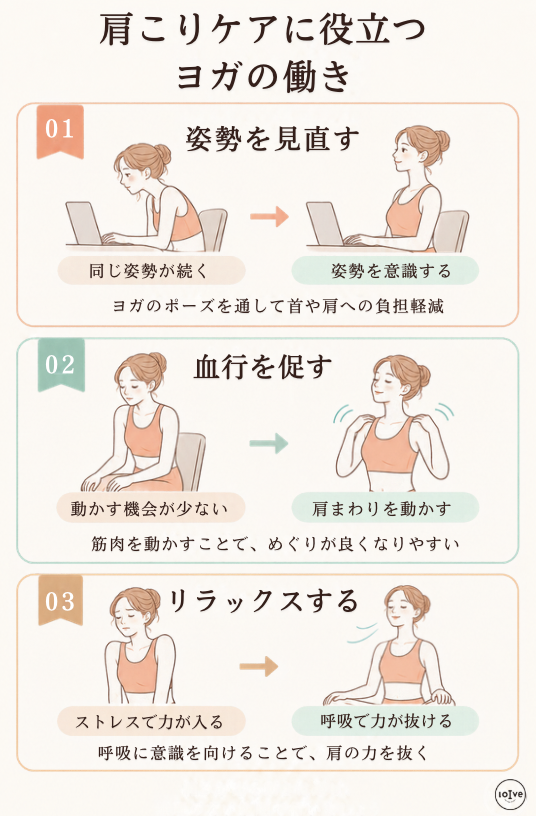 ヨガは姿勢を見直したり血行を促したり、リラックスしたりすることで肩こりケアに役立つと説明している図解