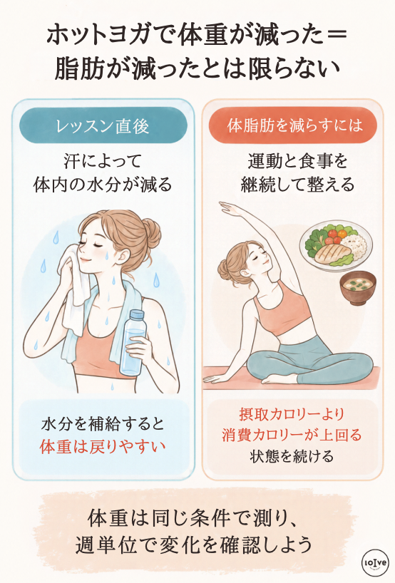 ホットヨガで体重が減った=脂肪が減ったとは限らないことを説明した図解