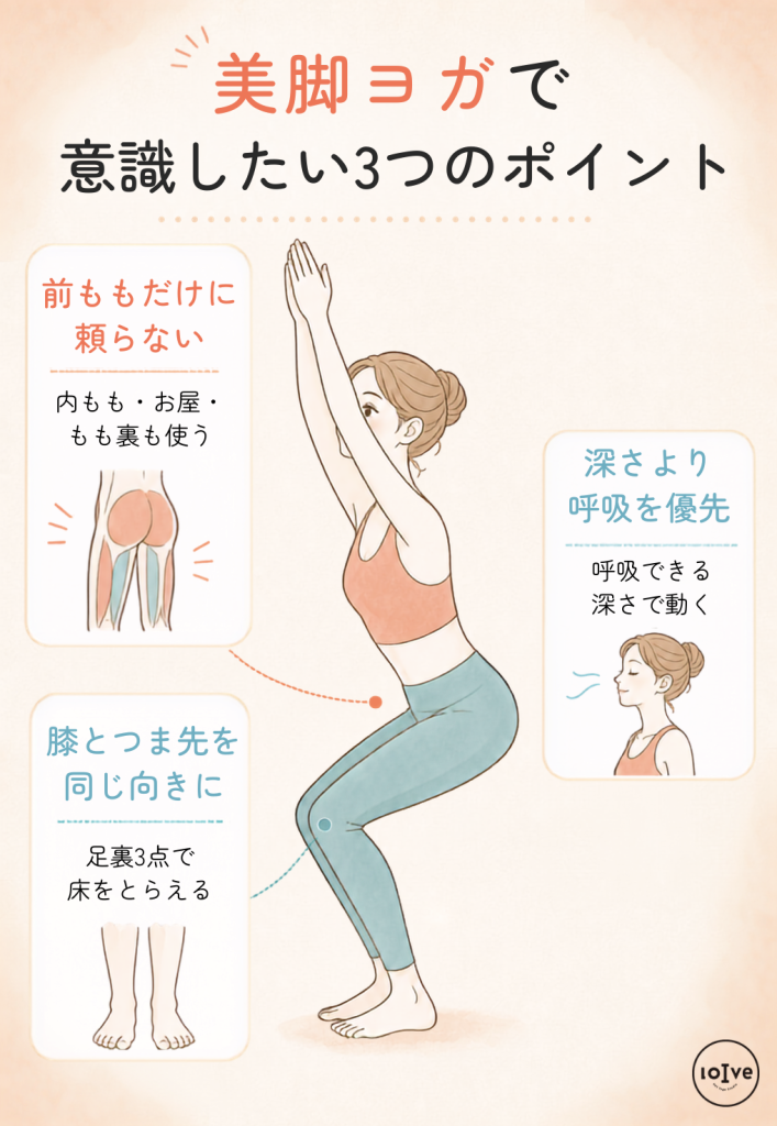 美脚ヨガで意識する3つのポイント(前ももに頼らない、呼吸を意識、膝とつま先を同じ向きに向ける)を解説
