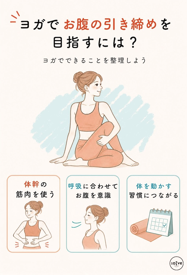 お腹の引き締めを目指せる?ヨガでできるの3つのことを説明している図解