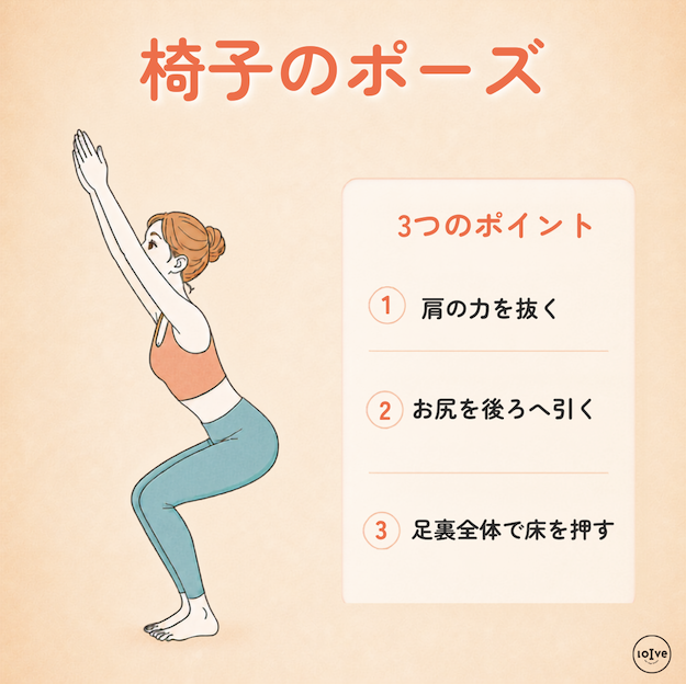 椅子のポーズで、肩の力を抜き、お尻を後ろへ引いて、足裏全体で床を押す3つのポイント