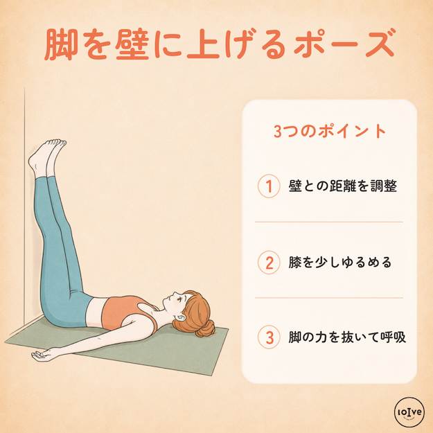 脚を壁に上げるポーズで、壁との距離を調整し、膝を少しゆるめて、脚の力を抜いて呼吸する3つのポイント