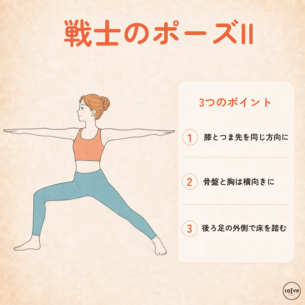 戦士のポーズⅡで、膝とつま先を同じ方向に向け、骨盤と胸を横向きにして、後ろ足の外側で床を踏む3つのポイント