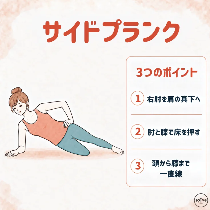右肘と右膝を床につけ、上側の脚を伸ばす初心者向けサイドプランクの3つのポイント